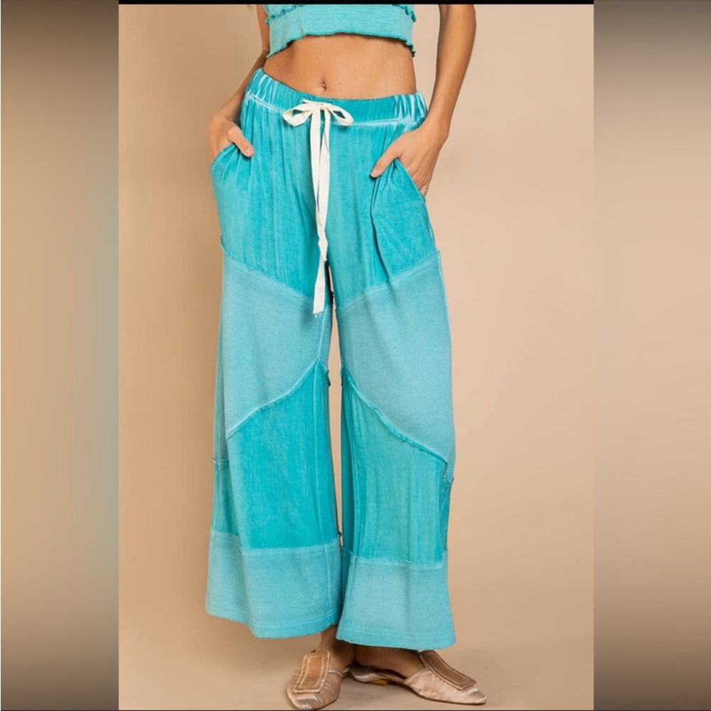 POL - AQUA GREEN Wide Leg Lounge Pants Lightweight Loose Knit Pants - Picture 1 of 12